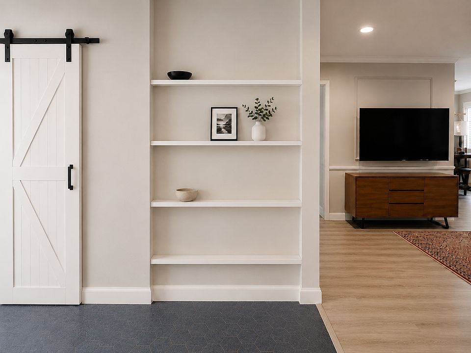 Shelves in Entrance Hallway next to laundry room