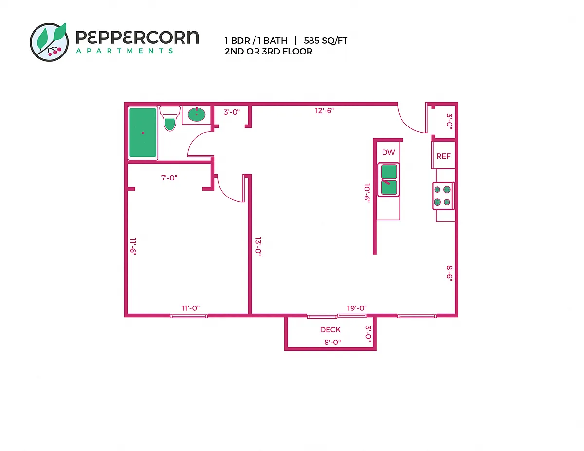 Floor plan 1 Bed, 1 Bath - 585 sq ft