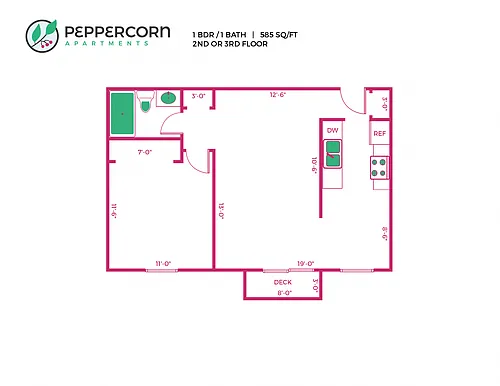 Floor plan 1 Bed, 1 Bath - 585 sq ft