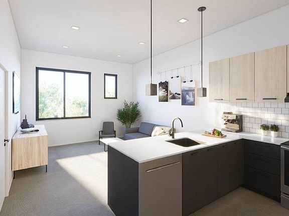 Rendering of Apartment Kitchen Space and Living Space