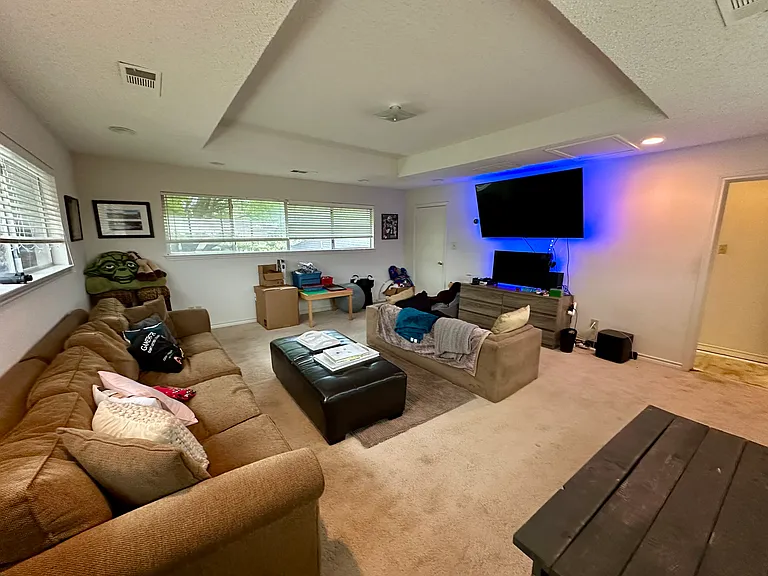 Upstairs game room featuring carpet floors, a tray ceiling, and a wealth of natural light