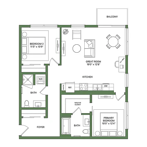 Floor plan 2 Bed, 2 Bath, - Apt A