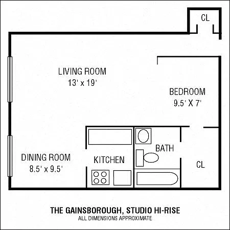 Floor plan Studio 1 Bathroom Hi-Rise