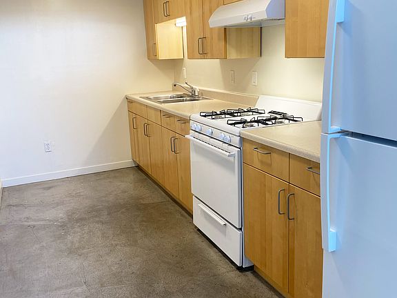 Gallery kitchen with gas stove and new fridge.