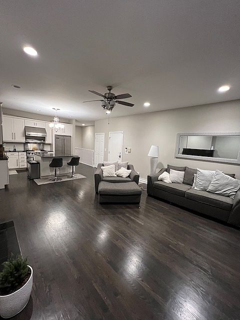 Upstairs living room & open concept kitchen