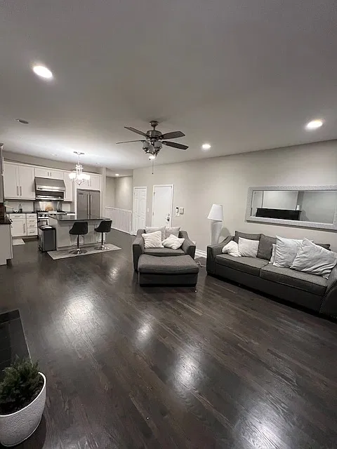 Upstairs living room & open concept kitchen