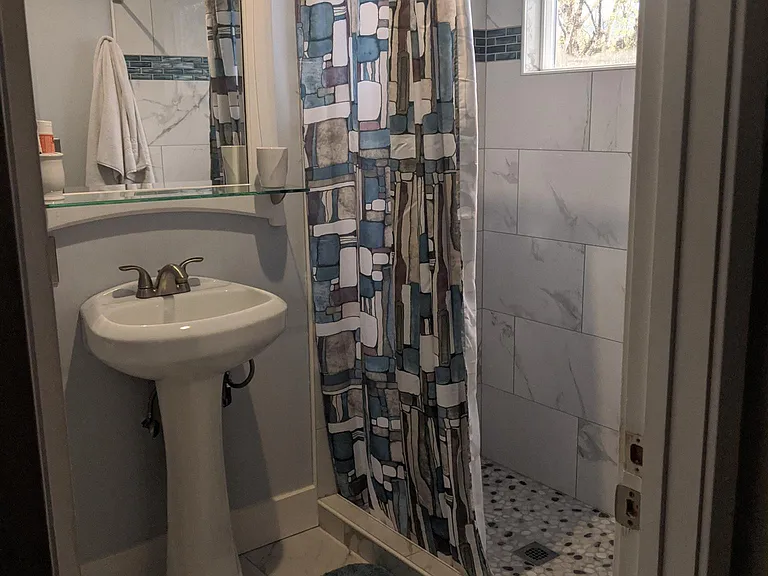 Newly remodeled master bathroom with outdoor (private) view of valley mountains