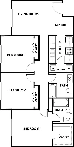 Floor plan C - Three Bedroom Two Bathroom 60%