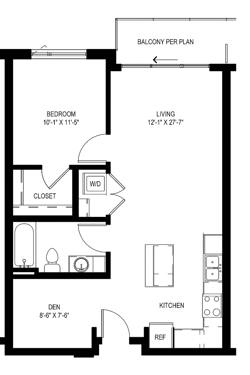 Floor plan One Bedroom + Den B6