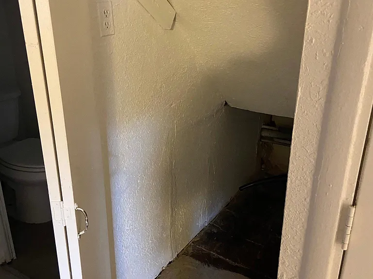 Hallway closet with storage below stairs in the back