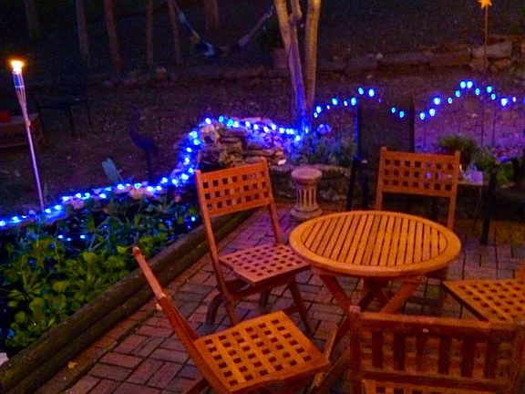 Brick back patio beside pond