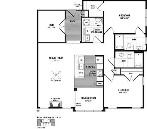 Floor plan 2 Bed 2 Bath Den-N4