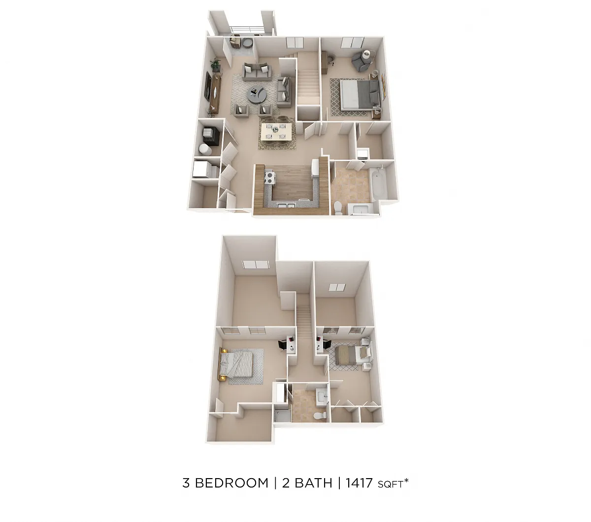 Floor plan Three Bedroom 2 Bath- 1417 sqft