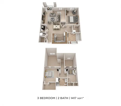 Floor plan Three Bedroom 2 Bath- 1417 sqft