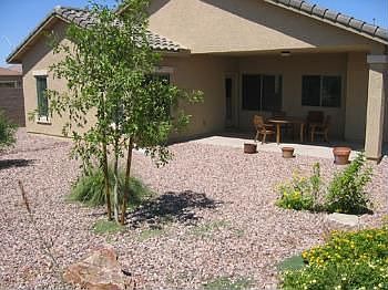 The fully landscaped backyard with covered patio