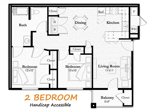 Floor plan 2 Bedroom, 1 Bath ADA