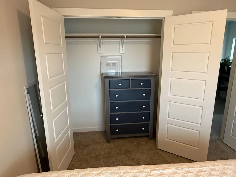 Bedroom closet with double doors, hanging rod and shelf, plus an in-closet dresser for extra folded storage.