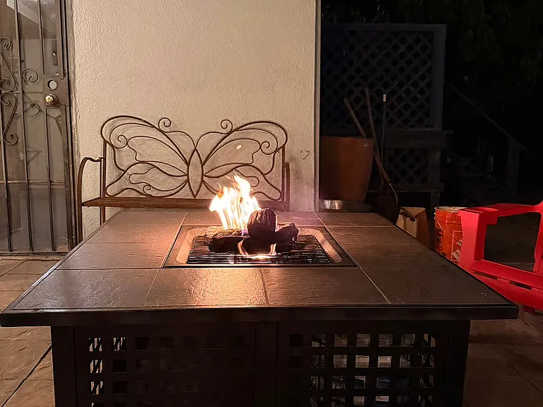 Patio features a gas fire pit with plenty of seating.
