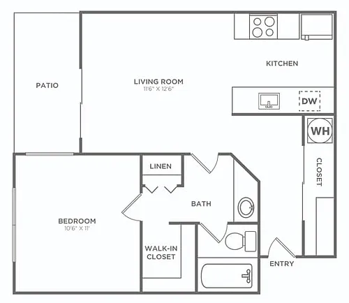 Floor plan One Bedroom One Bath (581 SF)