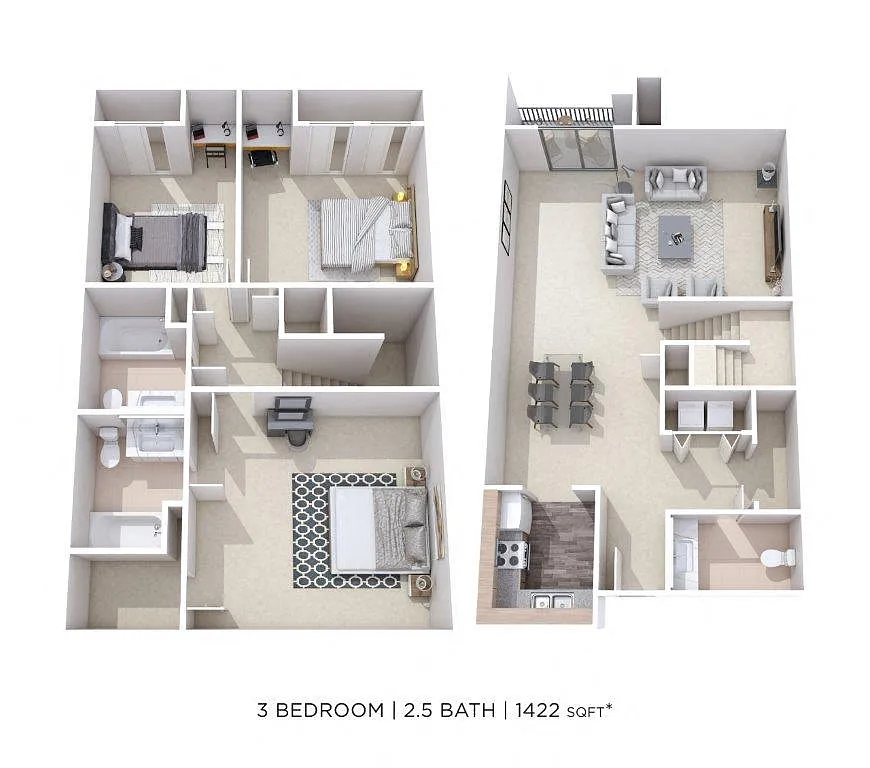 Floor plan Three Bedroom 2.5 Bath Townhome