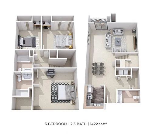 Floor plan Three Bedroom 2.5 Bath Townhome