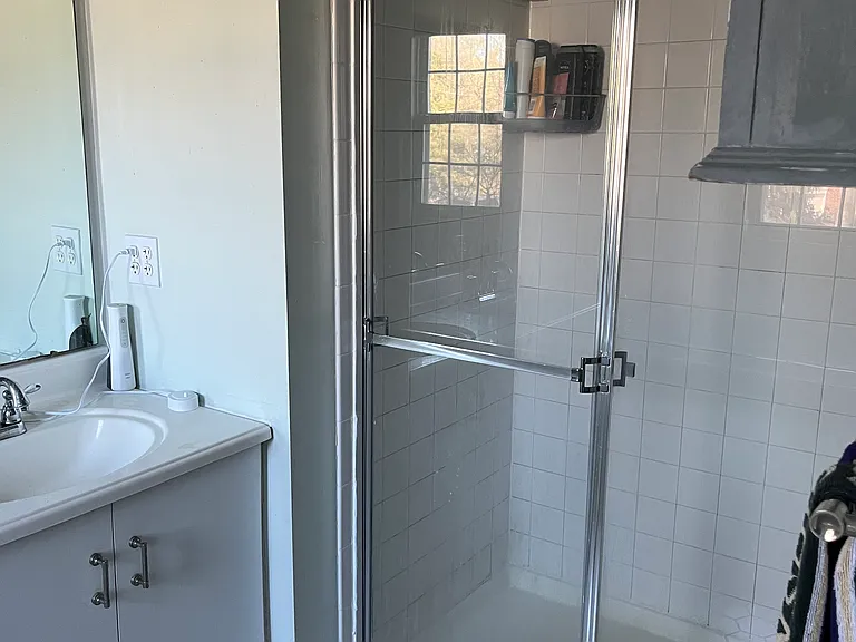 Primary bathroom shower and two sinks