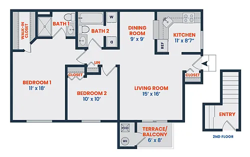 Floor plan 2 Bed | 2 Bath | Large