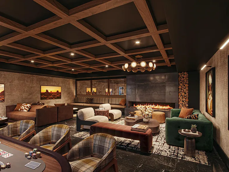 A moody hidden lounge with layered seating, game tables, and a fireplace that anchors the gathering space.