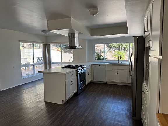 Tons of natural light enhance the large eat in kitchen which has designated "zones" for prep, cooking and cleaning with an abundance of storage tailored to each.