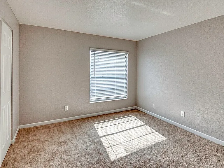 Bright and airy bedroom with soft carpet, large window, and ample closet space, perfect for comfortable living.