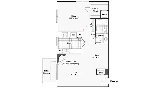 Floor plan 1 Bed 1 Bath B