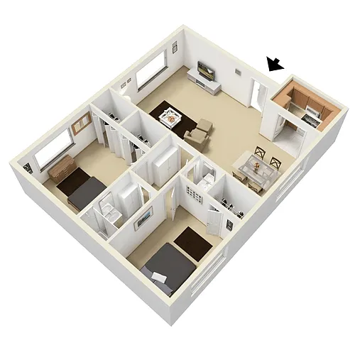 Floor plan Two Bedroom One Bath - 827 Sq Ft
