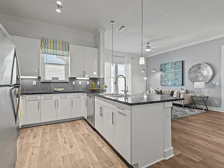 Experience the elegance of this contemporary kitchen and living space, designed for modern comfort. Experience the elegance of this contemporary kitchen and living space, designed for modern comfort.