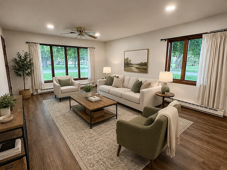 Staged image (furniture not provided) with bright, natural daylight from large picture windows.