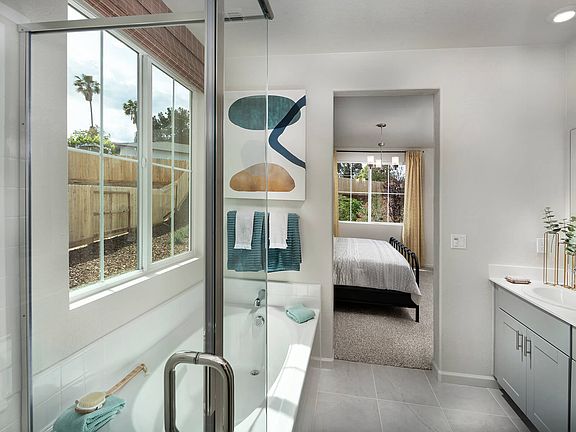 Residence 1 primary bathroom modeled at a nearby Meritage community.