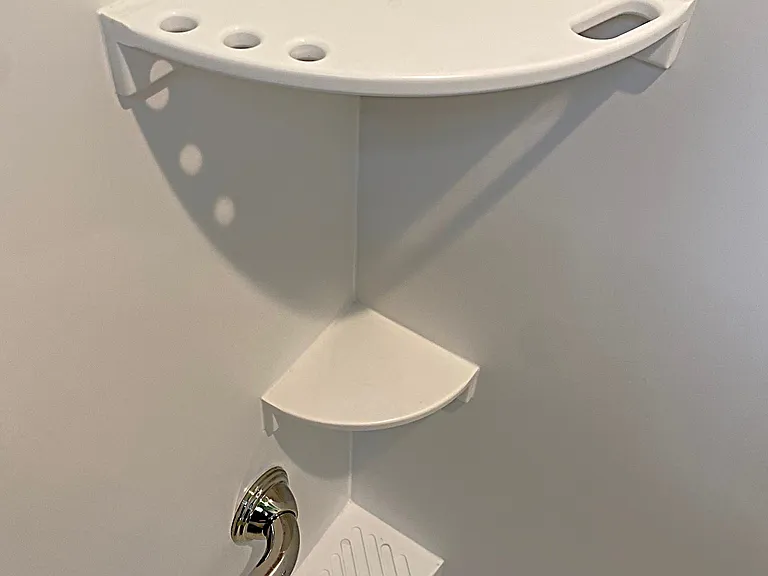 Bath CORIAN integral Shower Wall Shelves for Tooth Brushes/Paste & Shaver, grooved Soap Dish, & Shampoo