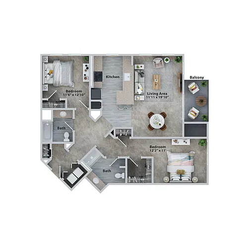 Floor plan Two Bedroom Two Bath (1088sf)
