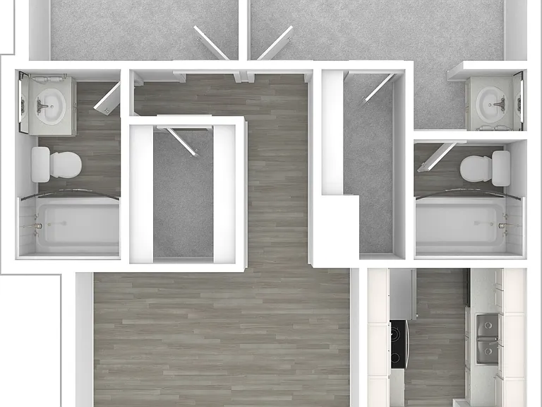3D Unfurnished Two-Bedroom B Floor Plan 3D Unfurnished Two-Bedroom B Floor Plan