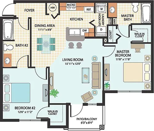 Floor plan 2 Bed, 2 Bath