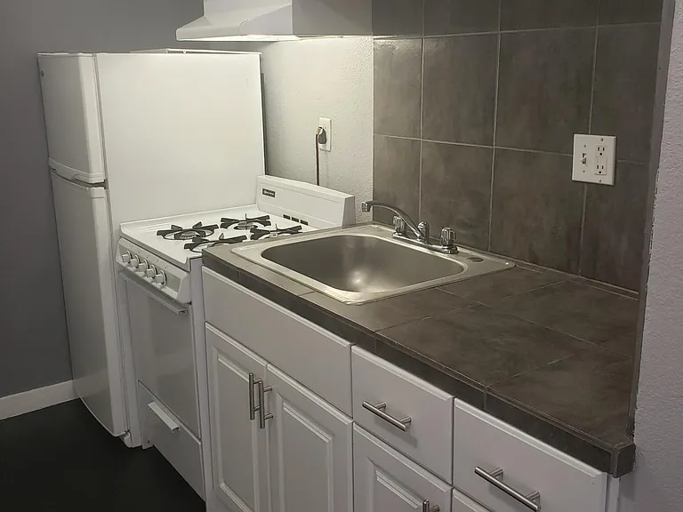 Kitchen with new appliances (the stove and fridge have been replaced with brand new black and stainless steel appliances)