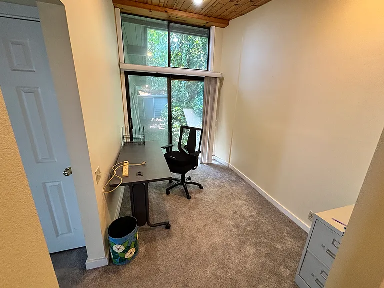 Work area behind bedroom, view to forest in back.