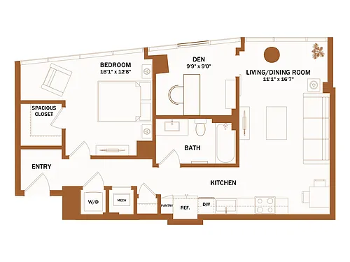 Floor plan C1.1 - 1 Bed + Den | 1 Bath