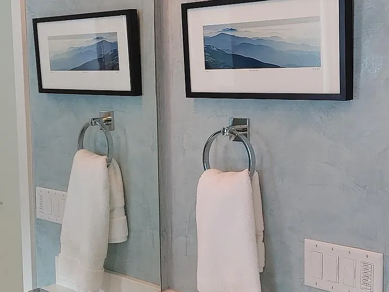 Master bathroom, venetian plaster paint in beautiful light blue