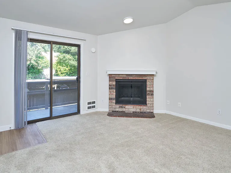 Carpeted Living Room with Fireplace and Balcony