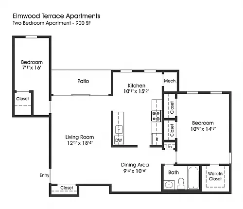 Floor plan 2BR 1BA (900sf)