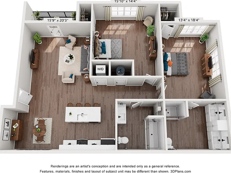 Chic apartment floor plan showcasing 2 spacious bedrooms, open-concept kitchen with island, cozy living area, and inviting balcony. Chic apartment floor plan showcasing 2 spacious bedrooms, open-concept kitchen with island, cozy living area, and inviting 