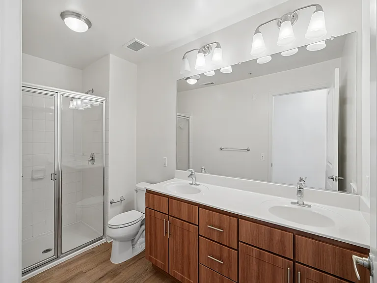 Elegant bathroom with double sinks, modern lighting, and glass-door shower featuring stylish wood cabinetry.
