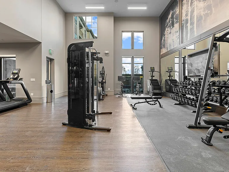Spacious and modern gym with state-of-the-art equipment, large windows, and hardwood flooring, perfect for fitness enthusiasts.