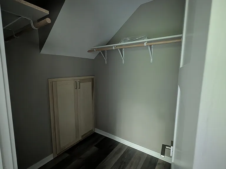 Downstairs bedroom with walk-in closet for one-story living.