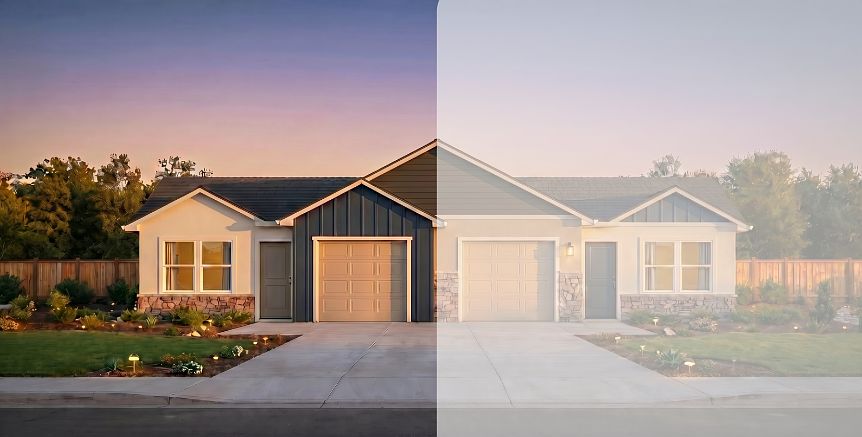 A single-story suburban house is shown the left half is bright and clear, while the right half is f